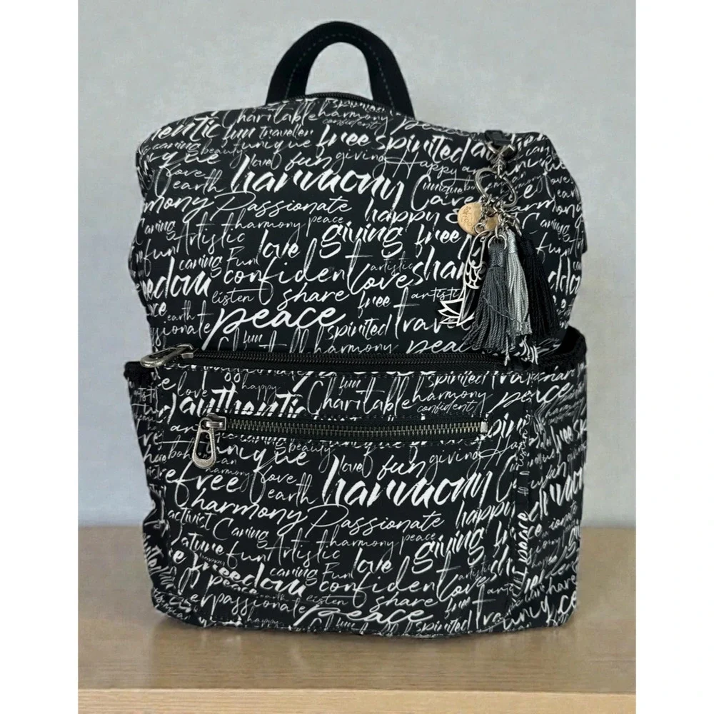 Sakroots Black Backpack White Script Print Convertible Travel Boho Bag Keychain - Picture 1 of 16